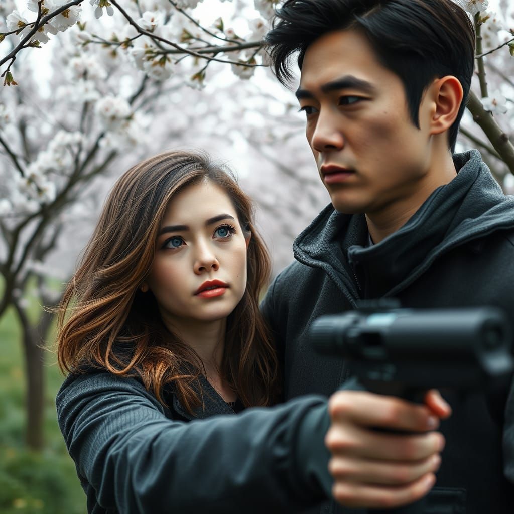 Dystopian Orchard: Woman and Korean Man in Sci-Fi Scene