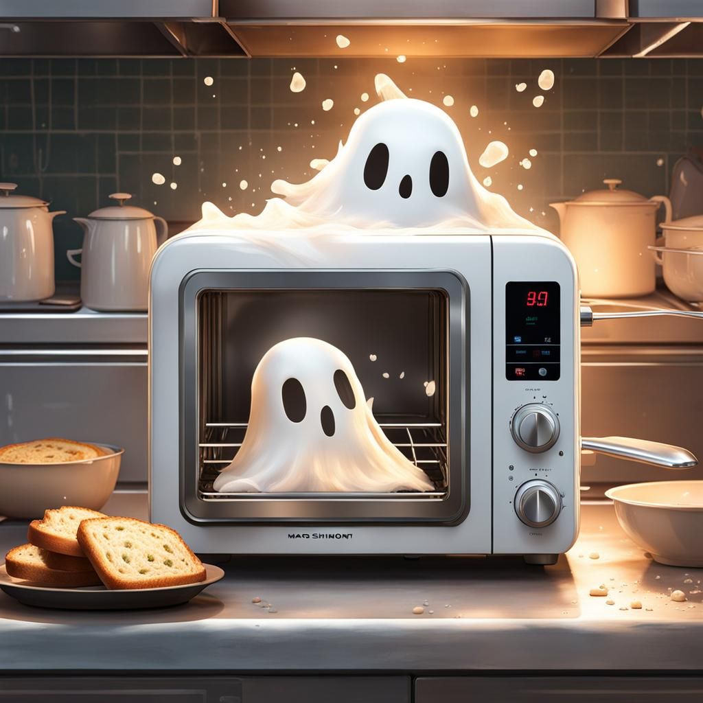 Cute Ghost Toaster in Mystical Kitchen, Digital Art