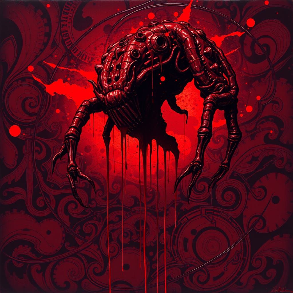 Crimson Splatter in Dark, Fantastical Landscape