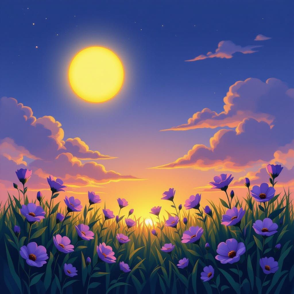 Vibrant Sunset Over Dark Green Lawn with Purple Flowers