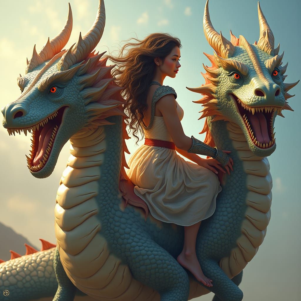 Girl Rides Two-Headed Dragon in Concept Art Style