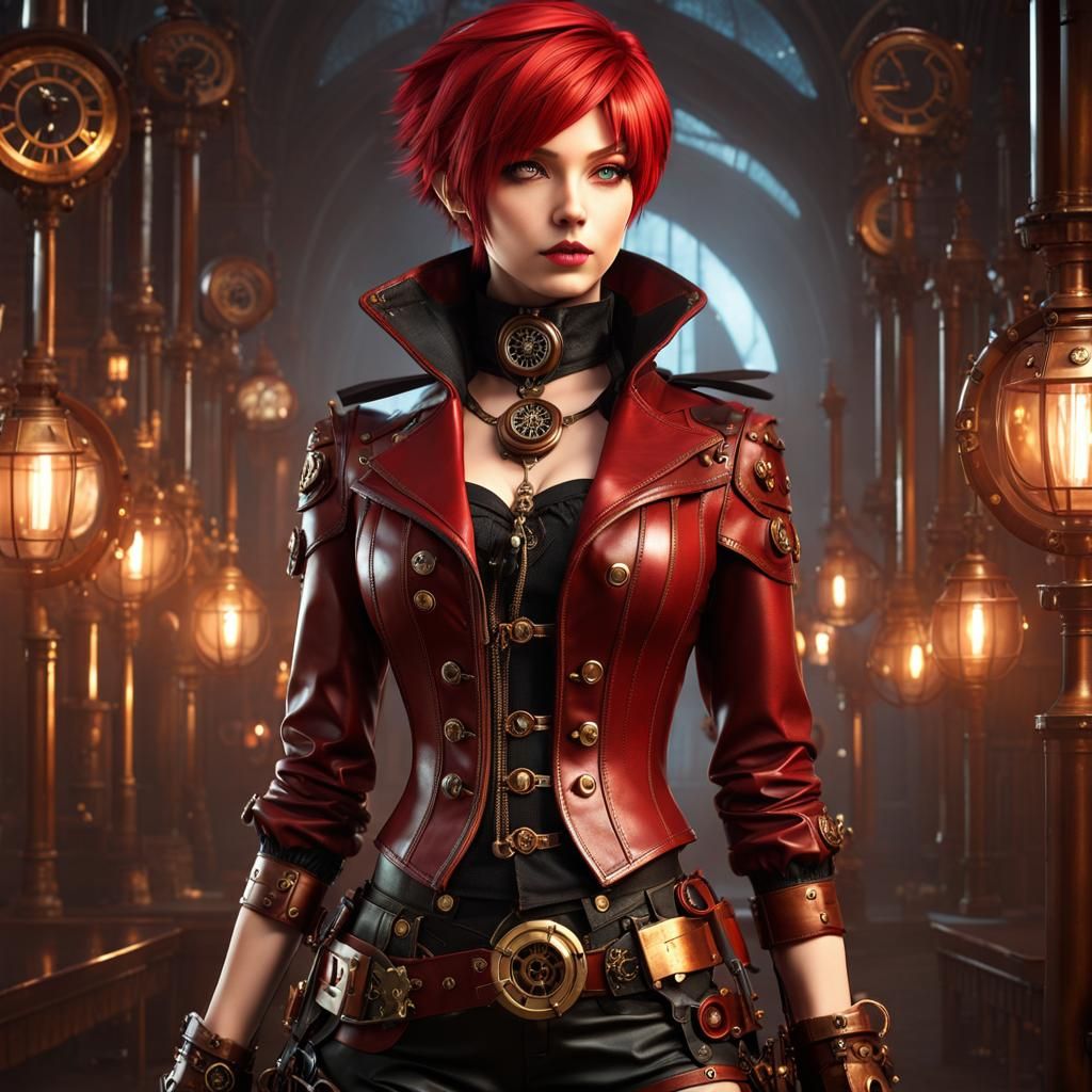 Steampunk Anime Girl in Detailed Leather Outfit