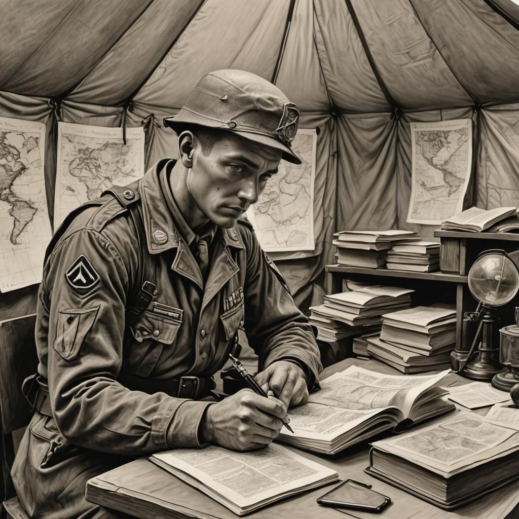 Wise Soldier Studying War, Hyperdetailed Charcoal Drawing