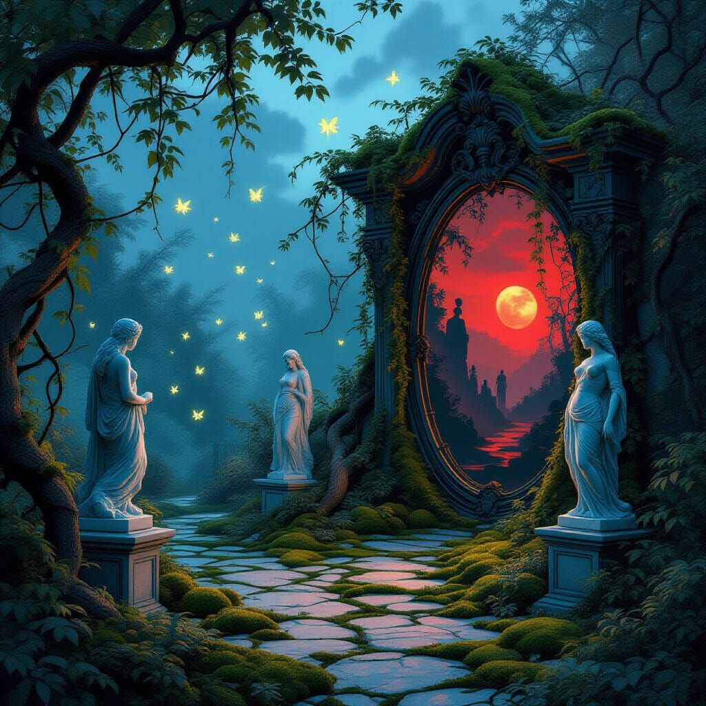Mystical Garden Mirror Reflects Dark Realm