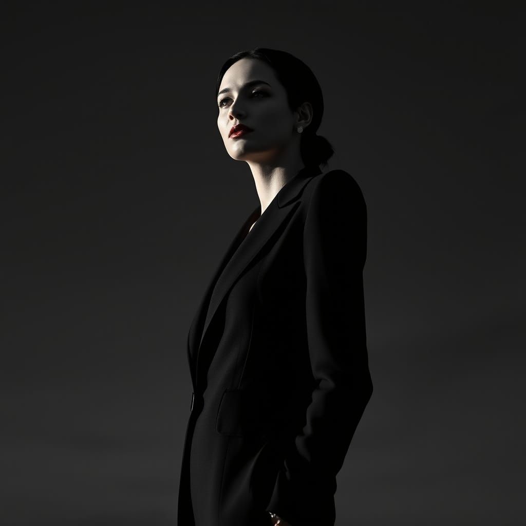 Sleek Woman in Black Suit, High-Contrast Lighting, Ethereal ...