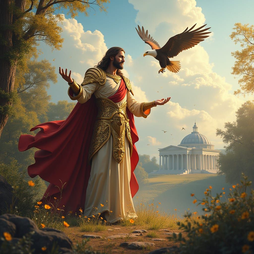 Regal Jesus Christ in Golden Armor, Surrounded by American E...