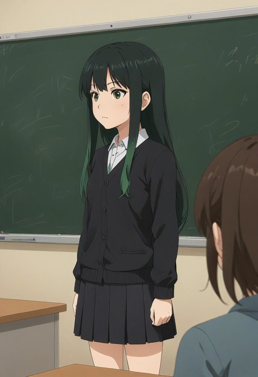 Anime Girl with Green Hair Highlights in Stylized Classroom