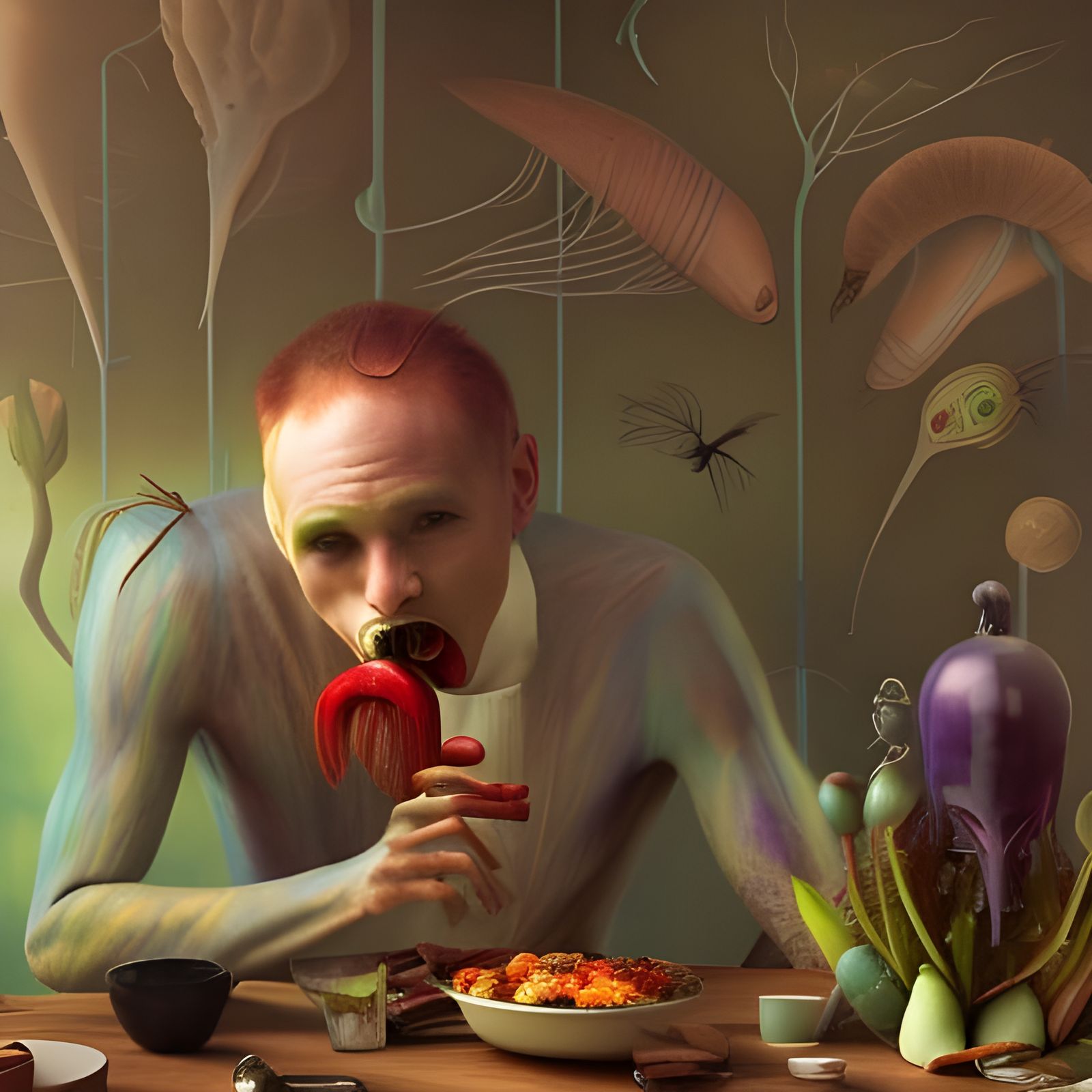 Colorful Hybrid Man Feasting in Surreal Bistro