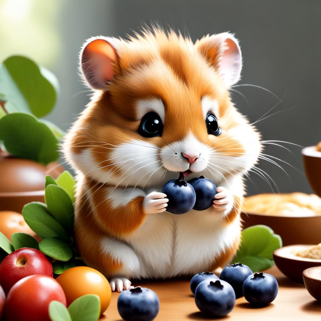 Happy Hamster Eating Blueberry, Animated Style