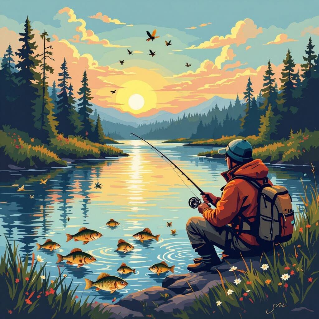 Fisherman's Catch: River Landscape in Vibrant Style