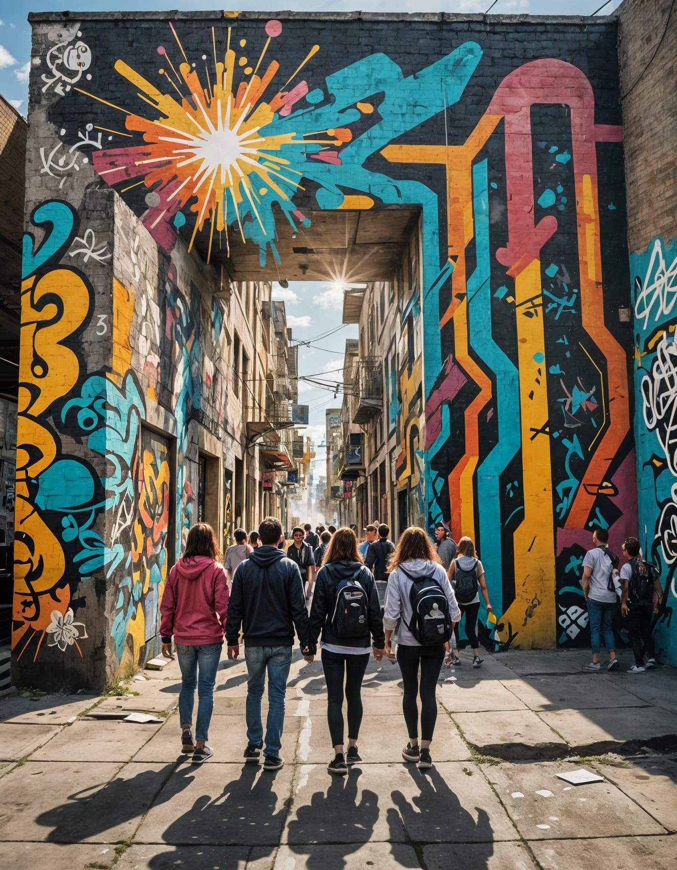 Elegant Spray Paint Mural on Cinder Block Wall
