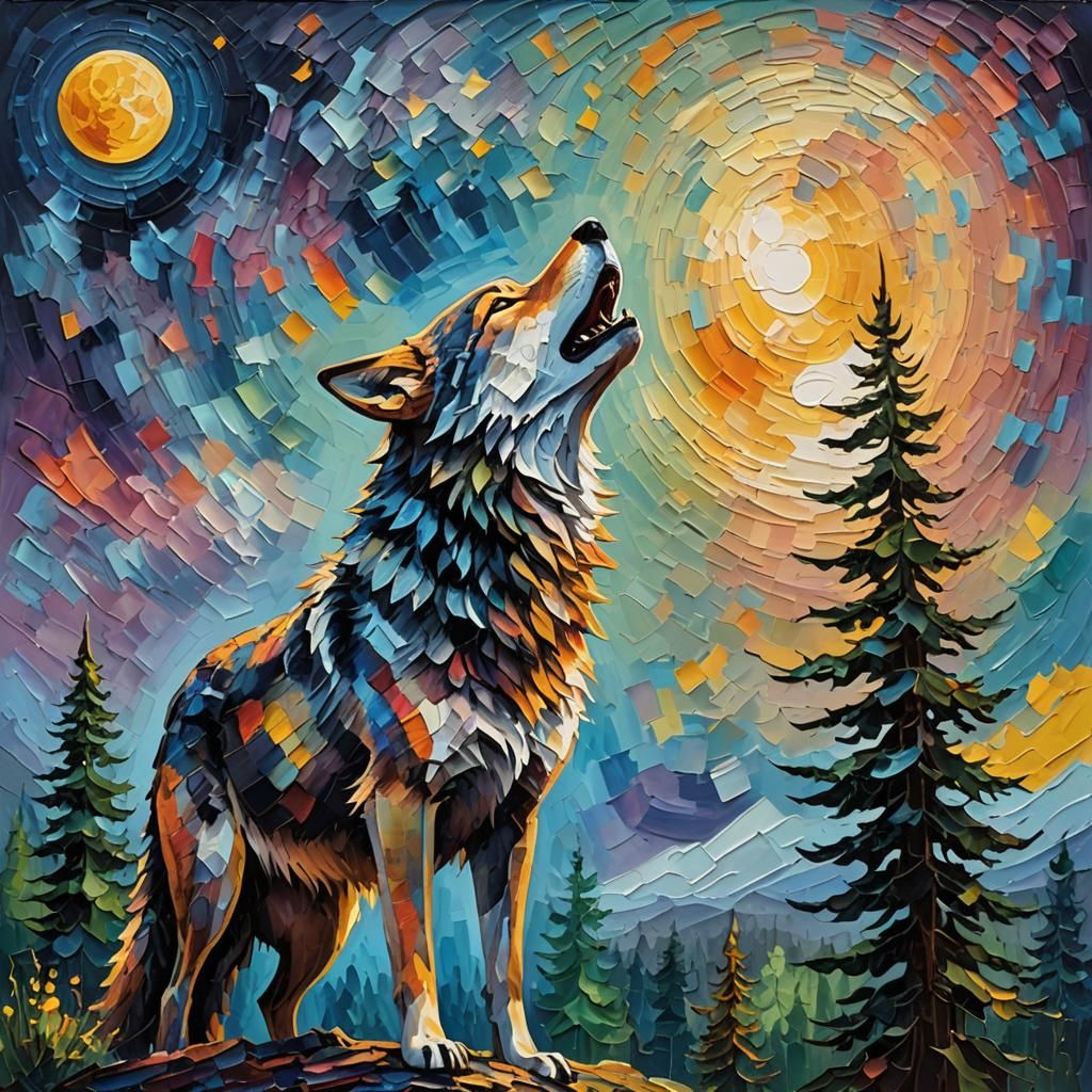 Wolf Howling at Moon in Expressionist Style