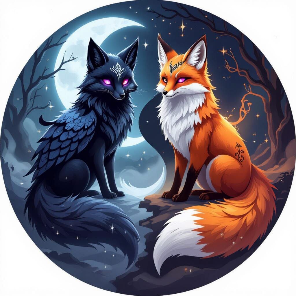 Mythical Fox-Owl Creatures in Yin Yang Formation