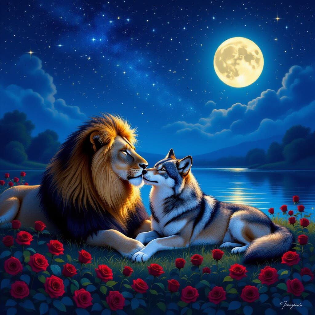 Lioness and Wolf Embrace Under Starry Night Sky