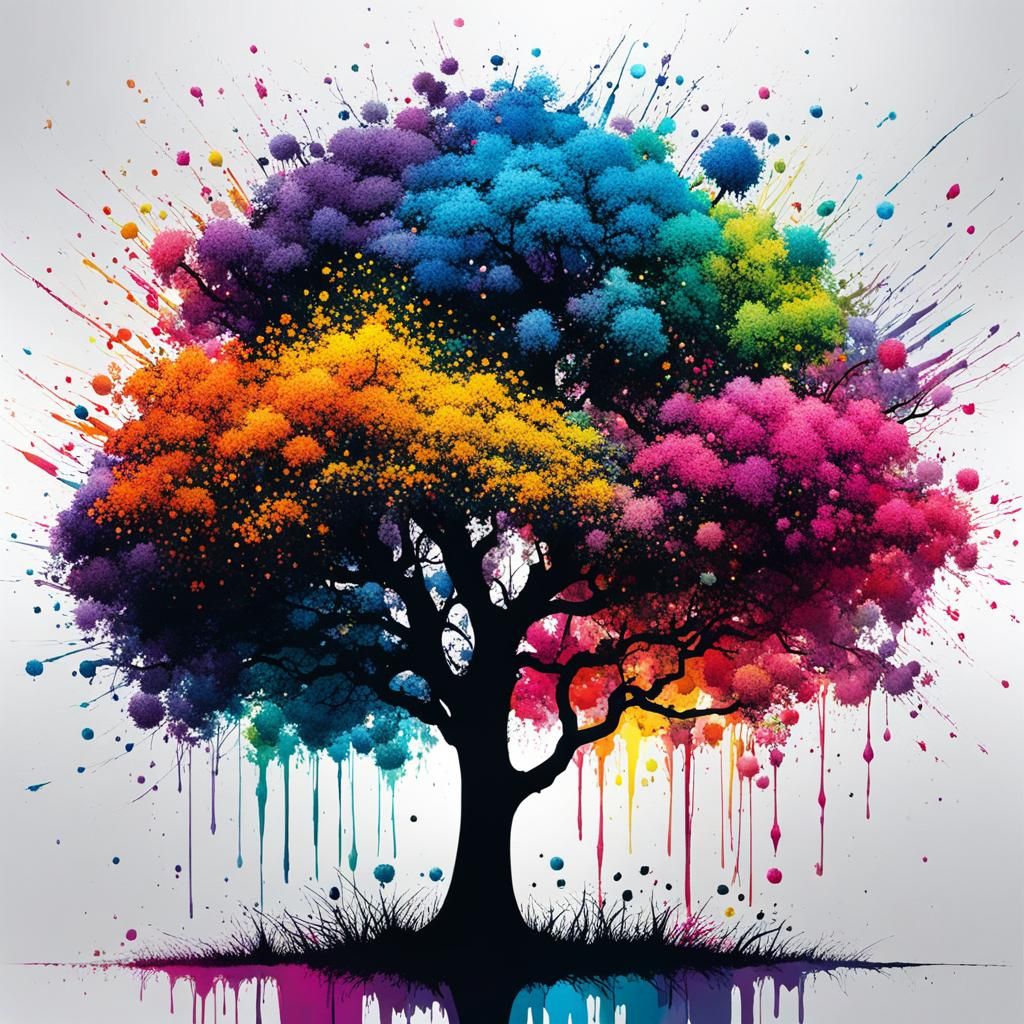 Flowering Tree in Splatter Ink Art
