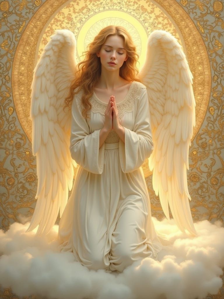 Serene Angel in Ethereal Clouds, Art Nouveau Style