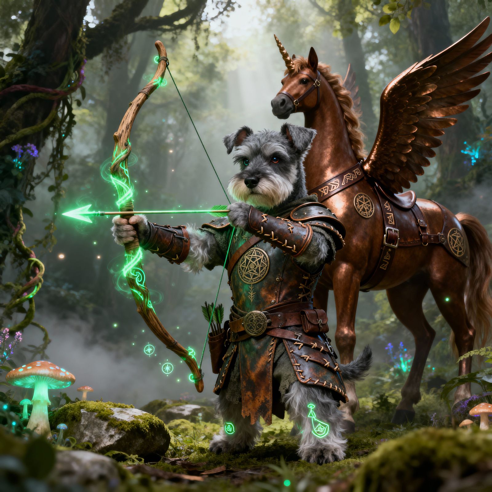 Anthropomorphic Schnauzer Hunter with Pegasus Companion