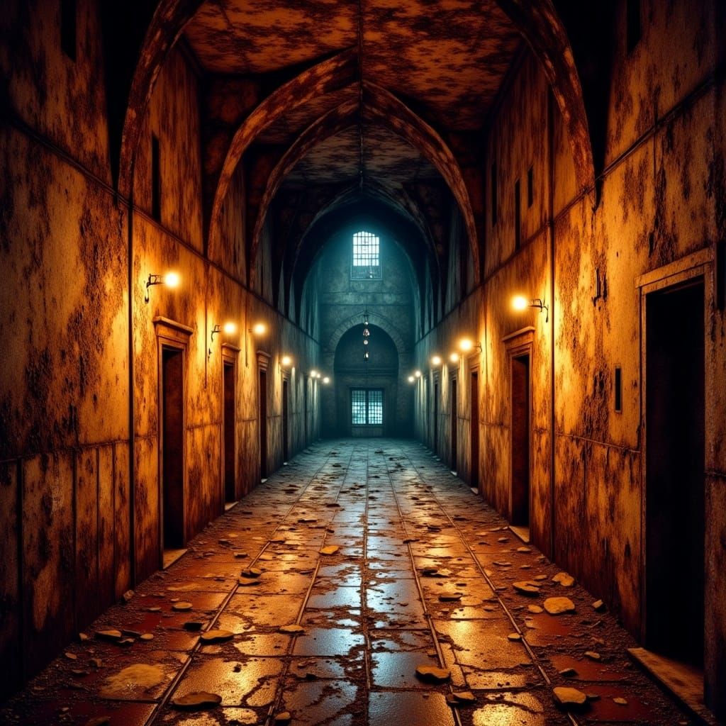 Gothic Gallery Illuminated by Flickering Torches, Water Refl...