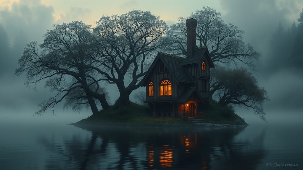 Elven Cottage Beside Misty Lake at Twilight
