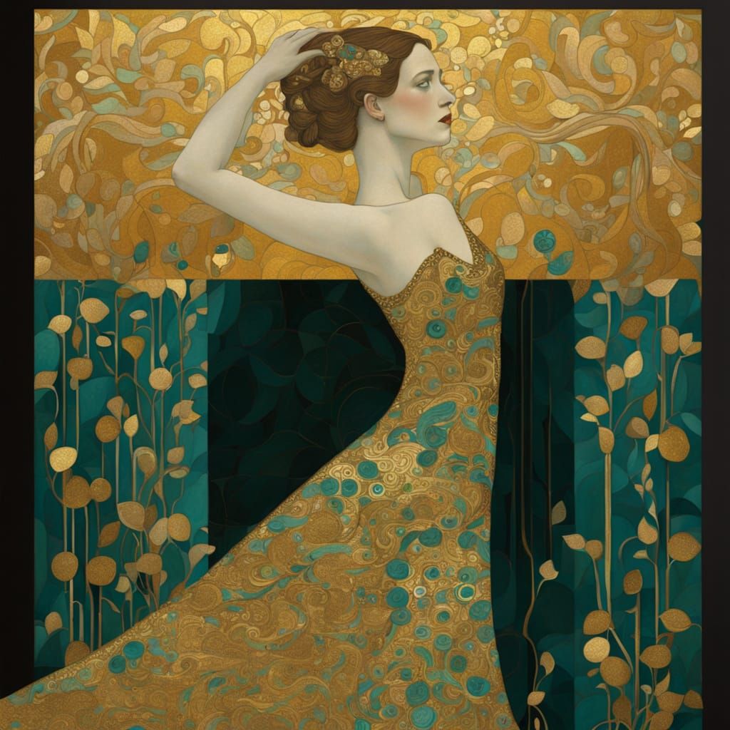Woman in Turquoise Dress in Golden Art Nouveau Room