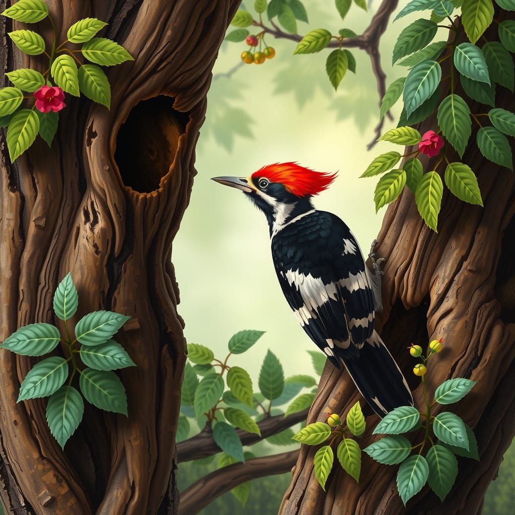 Woodpecker in Lush Foliage, Naturalist Style