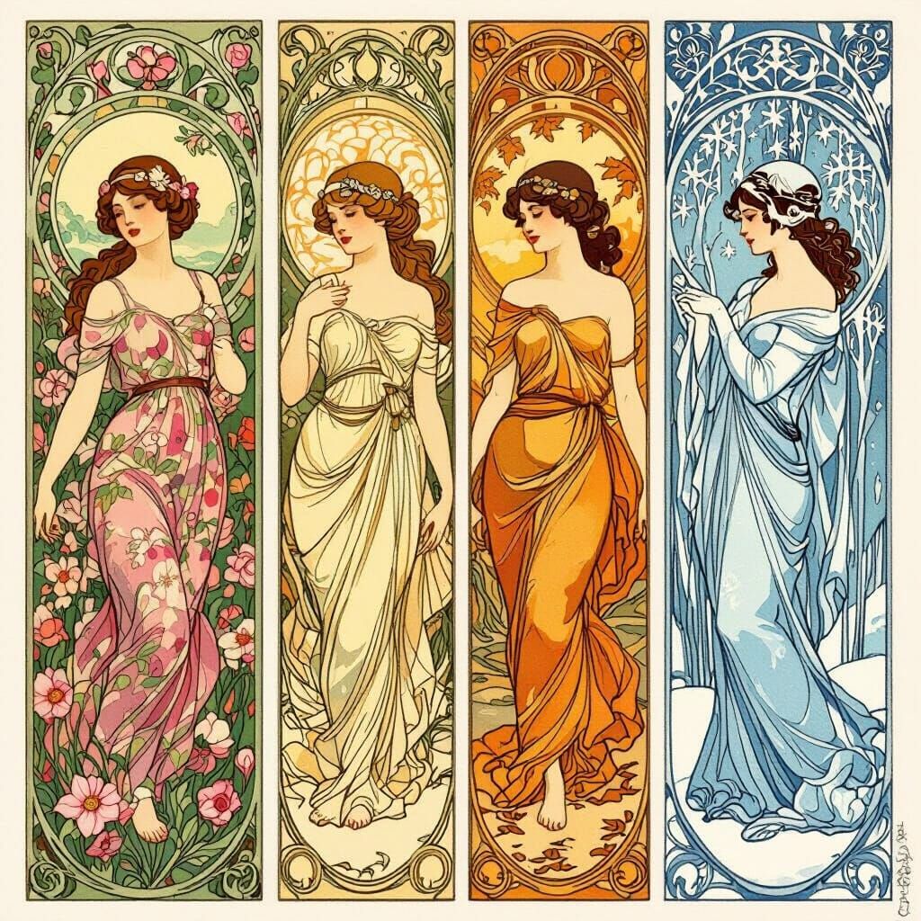 Four Seasons Women in Ornate Art Nouveau Frames