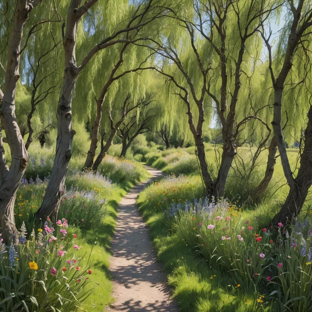 Sunlit Path Through Wildflowers and Willows