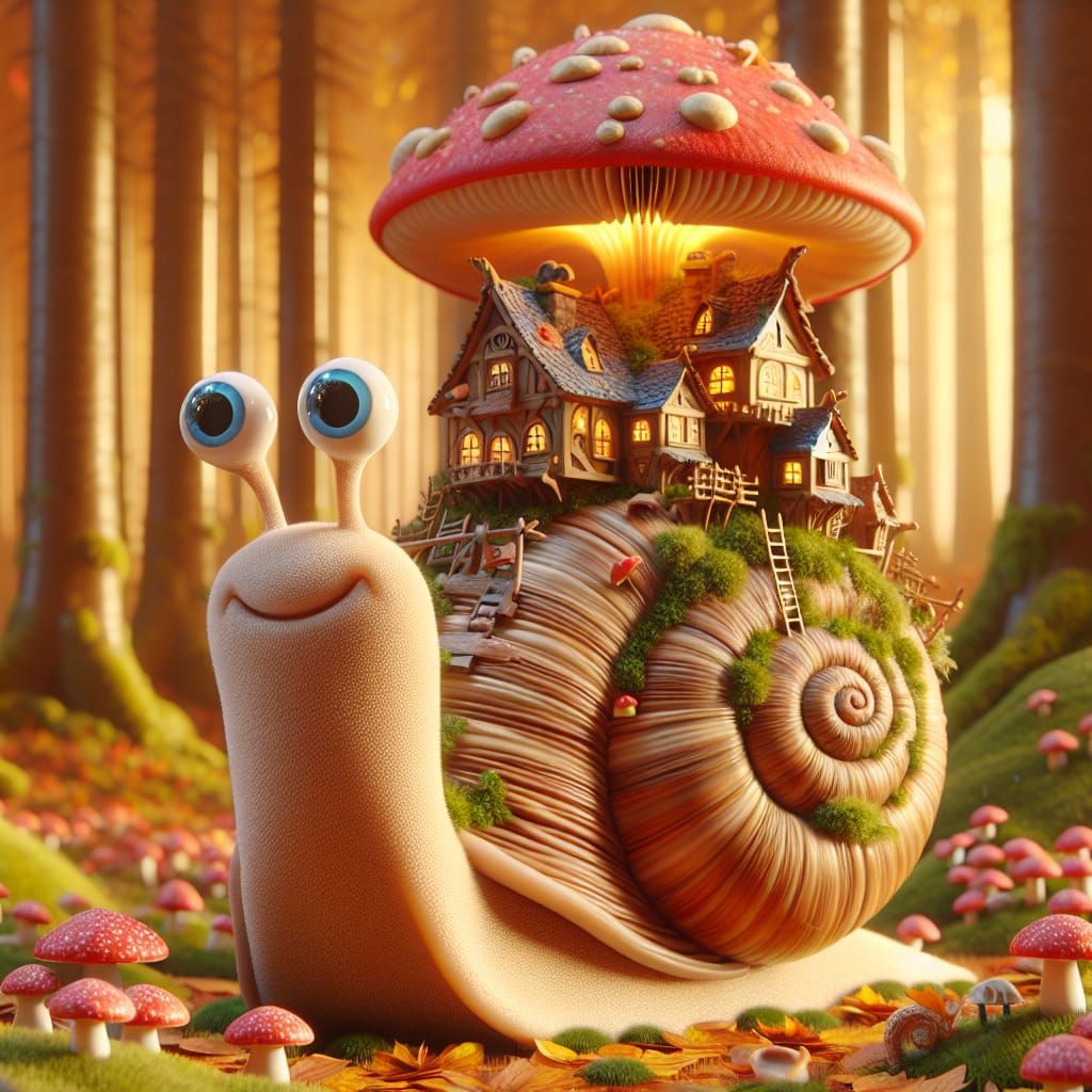 A cute, smiling snail with big, exaggerated blue eyes and a ...
