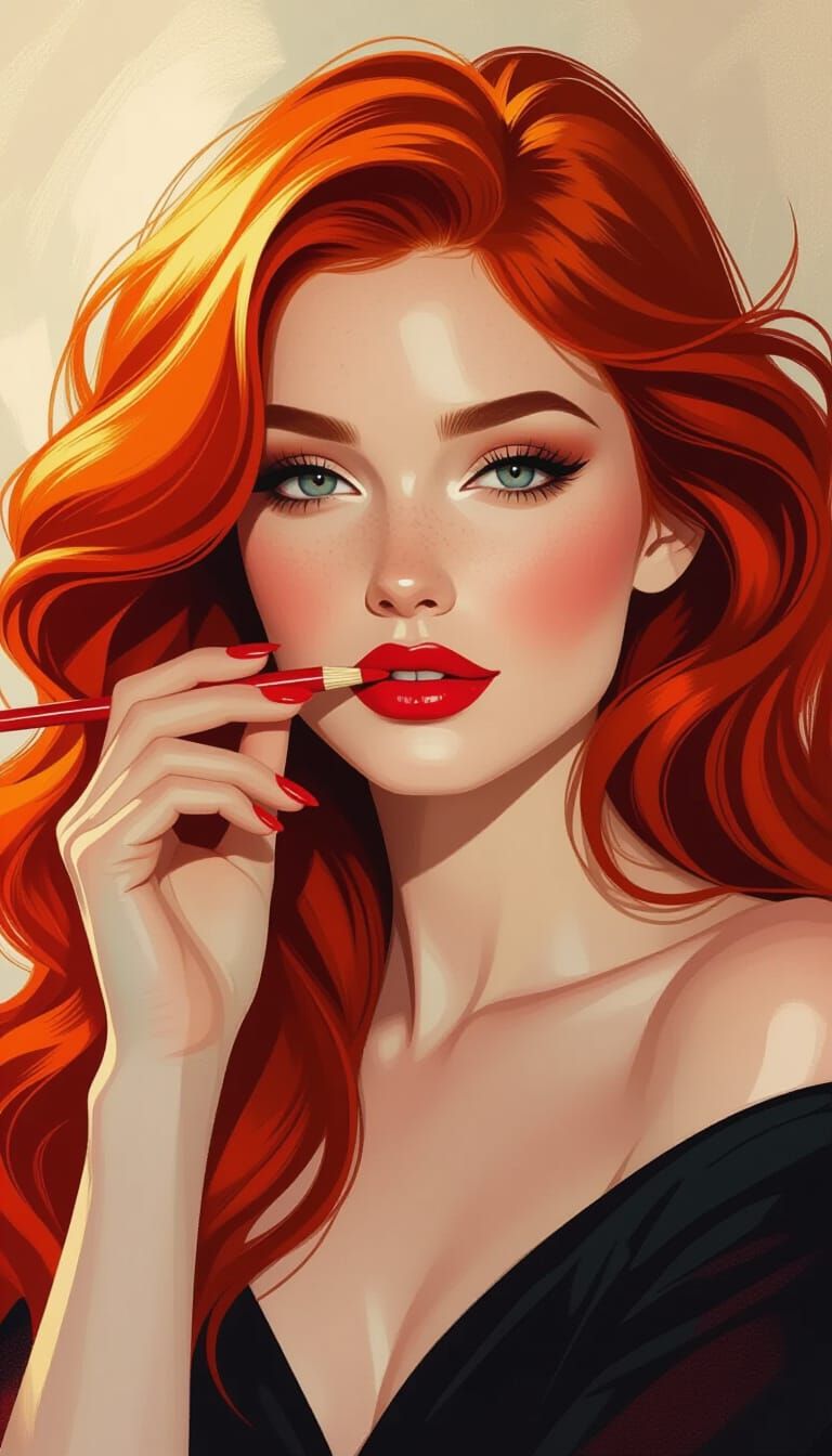 Breathtaking Woman With Red Hair Painted By Pencil