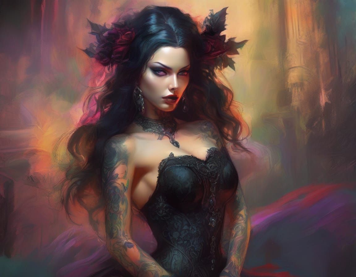 Gothic Seductress in Dramatic Lighting, Ink Brushstrokes, an...