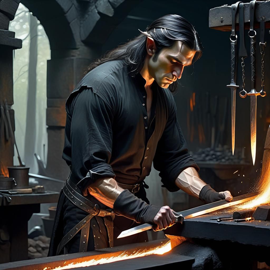 Elf Blacksmith Forging a Black Sword