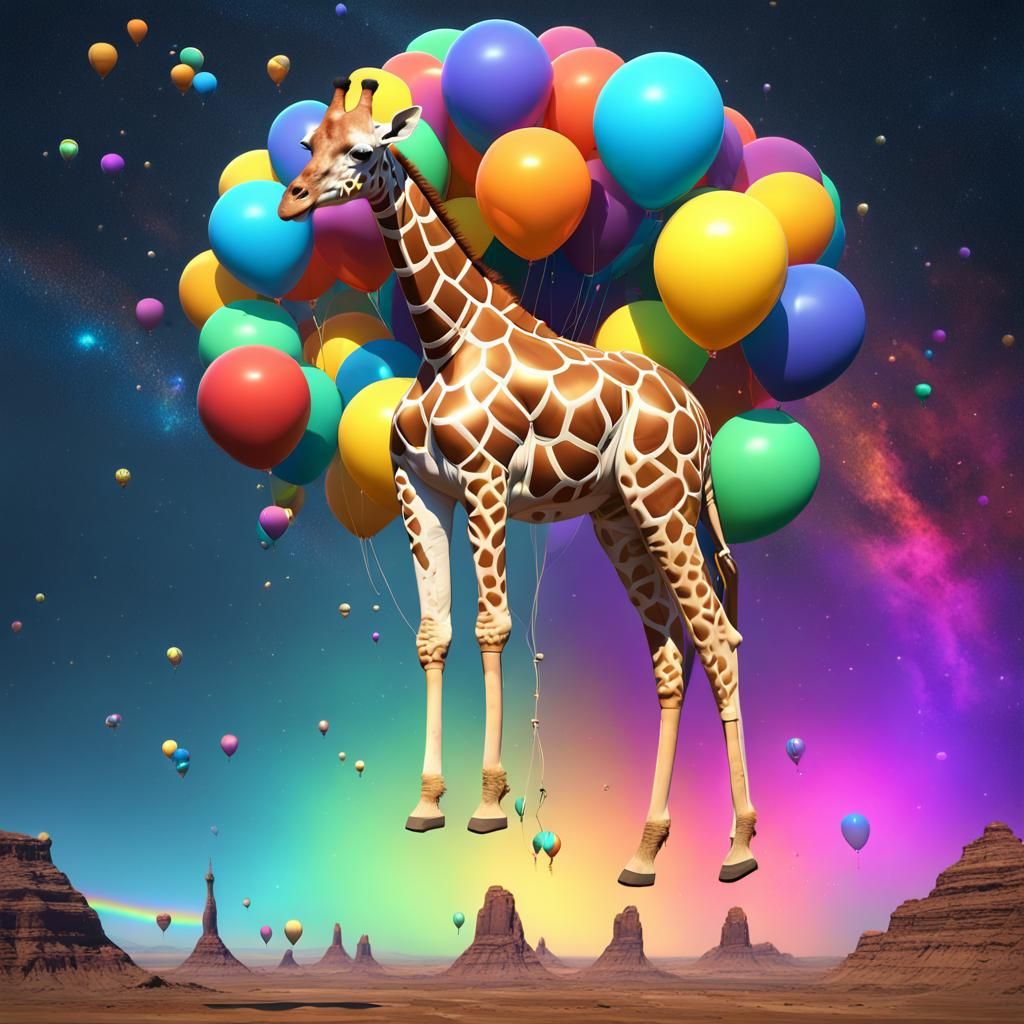 Giraffe Balloon Floating in Space with Rainbow Colors