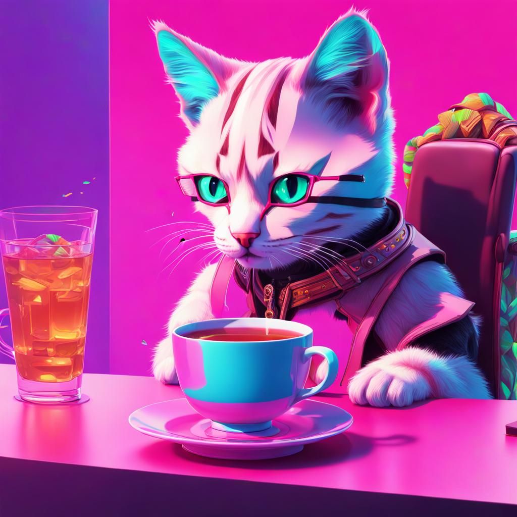 Anthropomorphic Kitten Sipping Tea in Vaporwave Style