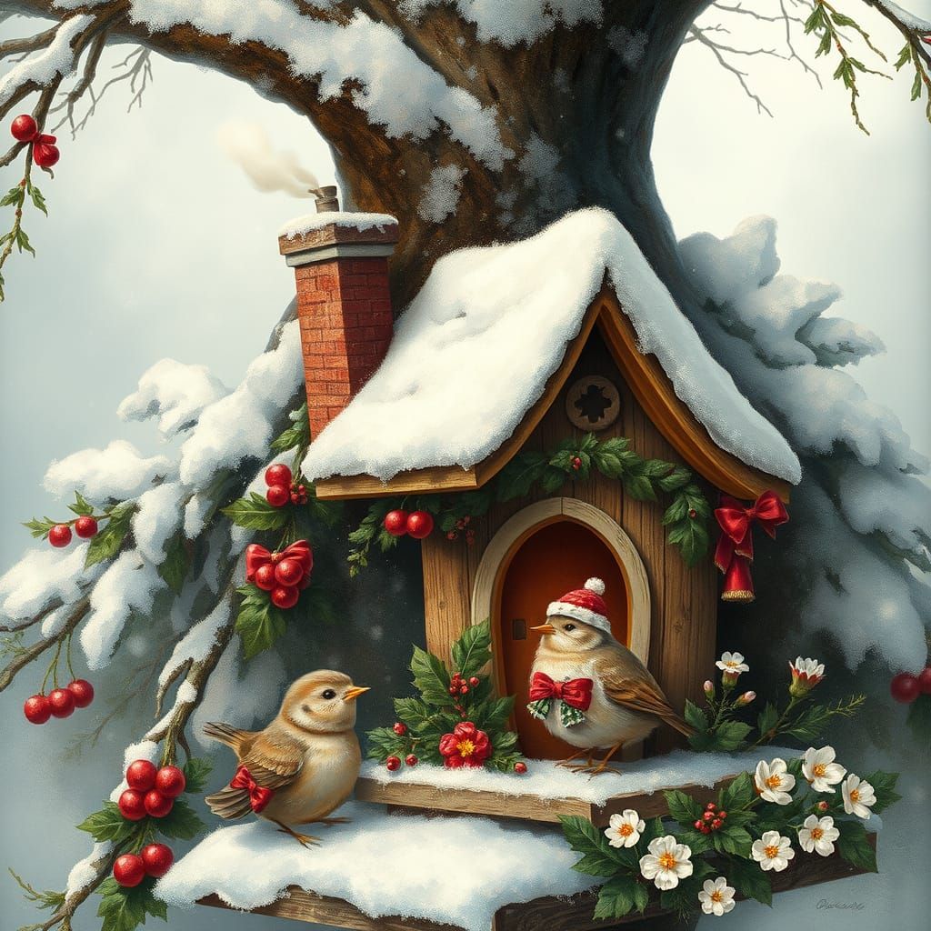 Winter Birdhouse Scene in Cozy Style