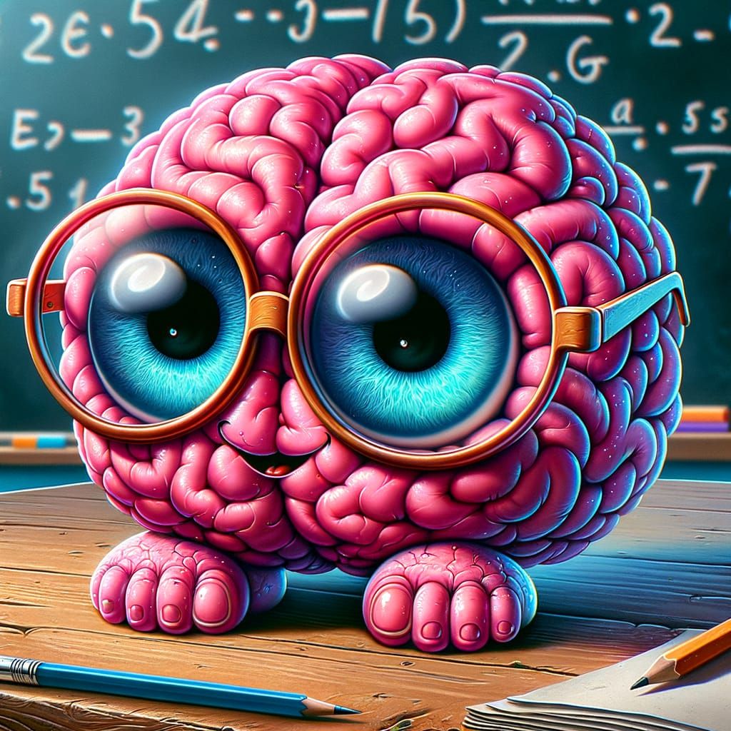 Endearing Pink Brain with Glasses on Desk