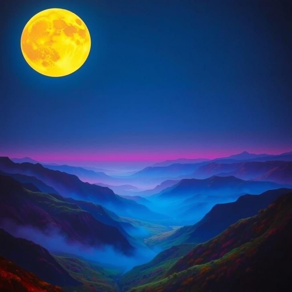 Glowing Moon Over Dreamlike Multicolored Valley