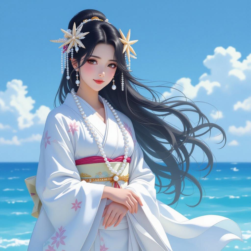 Japanese Pearl Diver Goddess in Flowing Kimono