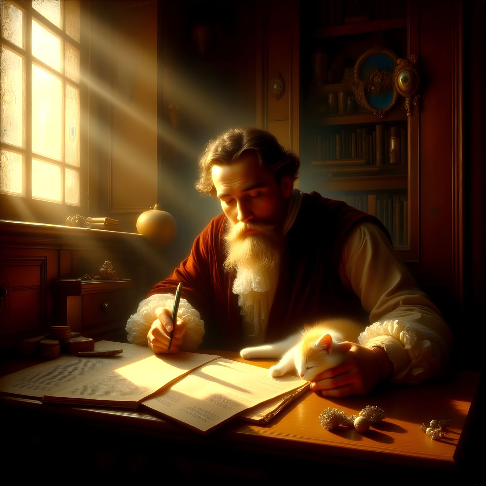 Renaissance Man Writing with Cat in Sunlight