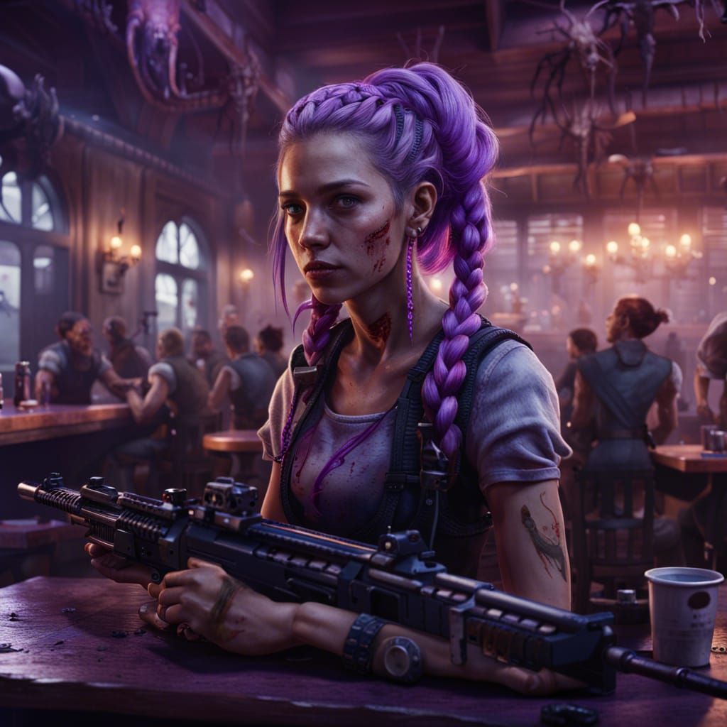 Girl with Gun in Zombie Cafe: Detailed Matte Painting