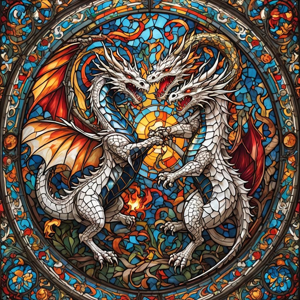 Stained Glass Dragon Versus Knight Artwork