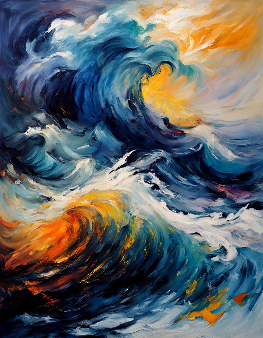 Cézanne-Inspired Stormy Seascape with Turbulent Ocean and Li...