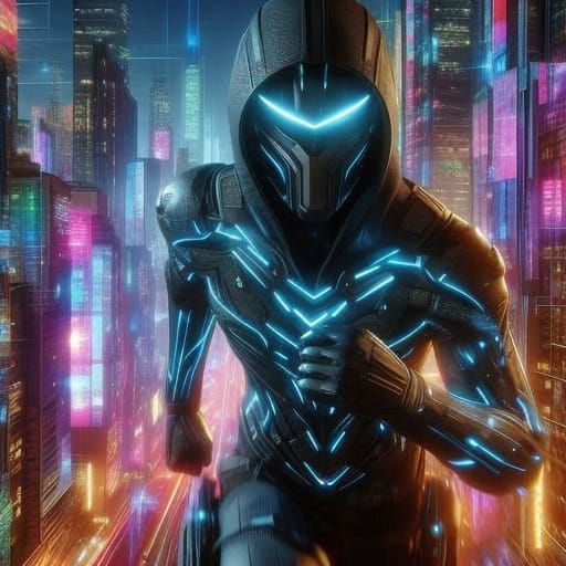 Glowing Neon Ninja in a Cyberpunk Metropolis