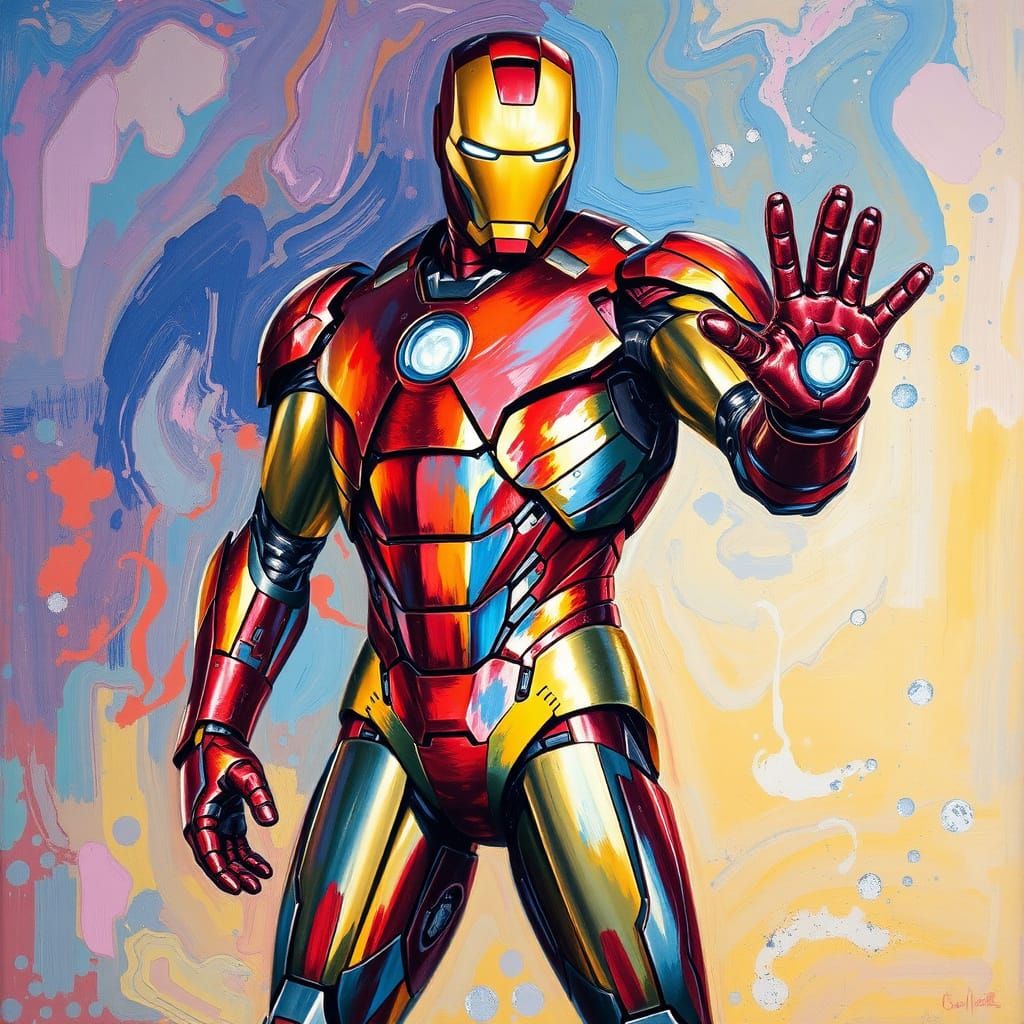 Heroic Iron Man in a Vibrant, Impasto Art Style