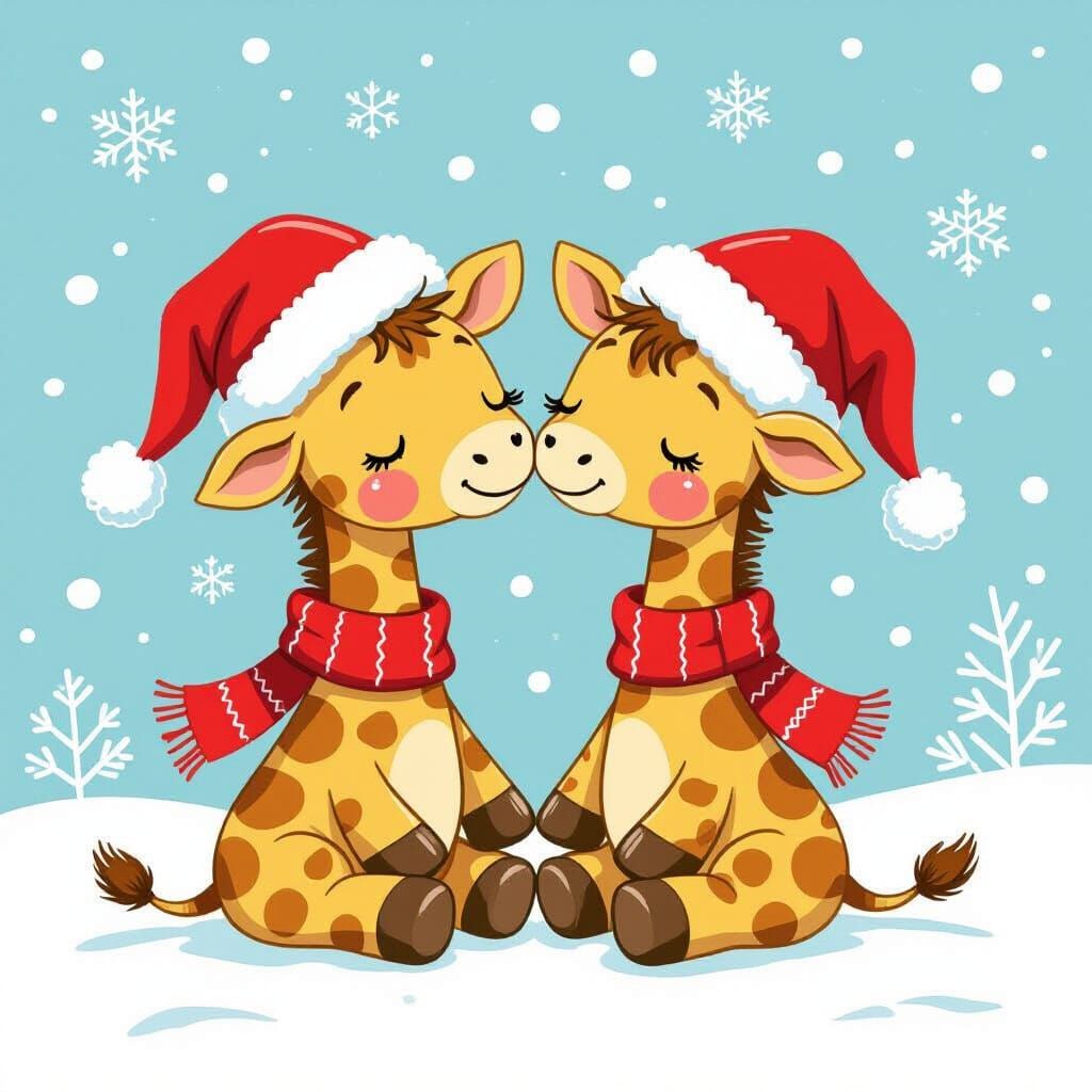 Cute Giraffes Kissing in Snow with Santa Hats