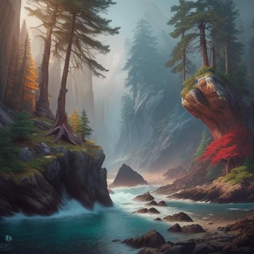 Coastal Coniferous Forest Landscape in Detailed Matte Painti...