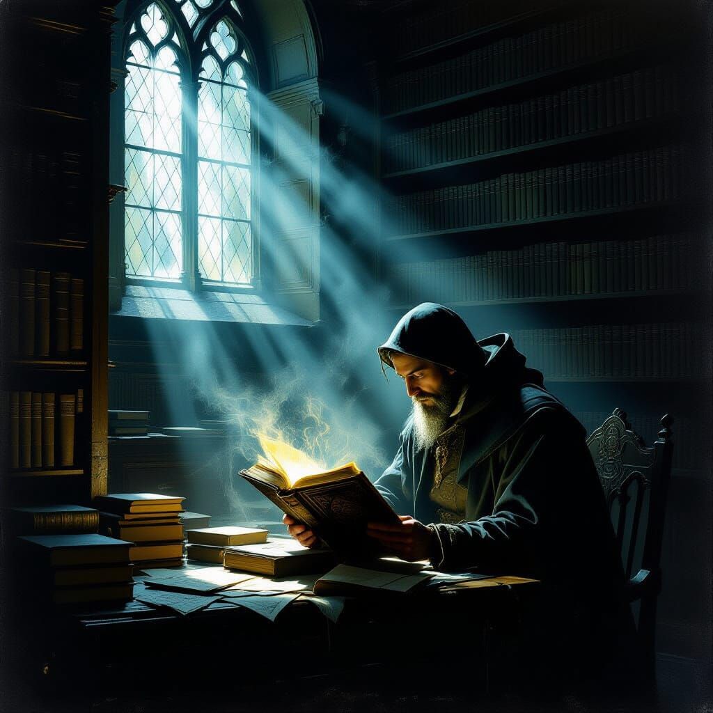 Scholar Reads Glowing Tome in Dark Library, Oil Painting Sty...