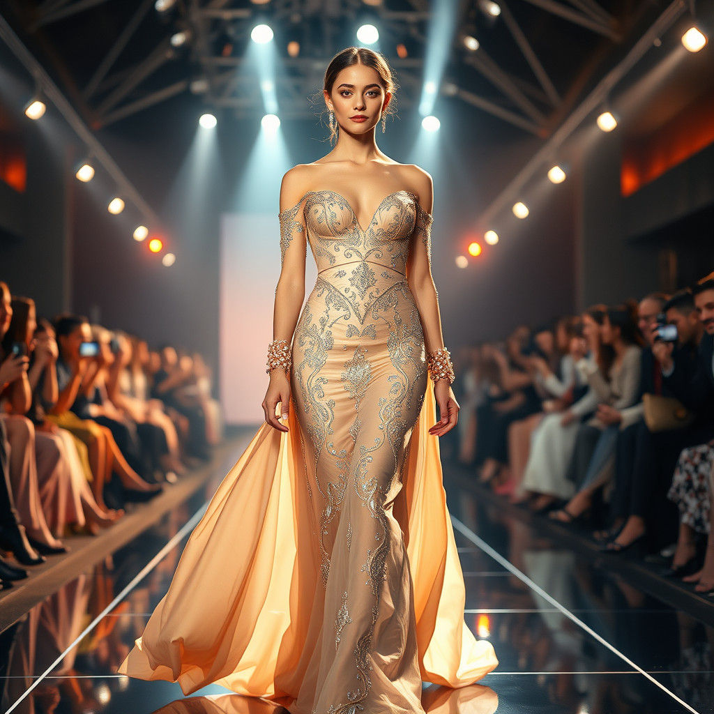 Model Struts Runway in Elegant Gown, Digital Art