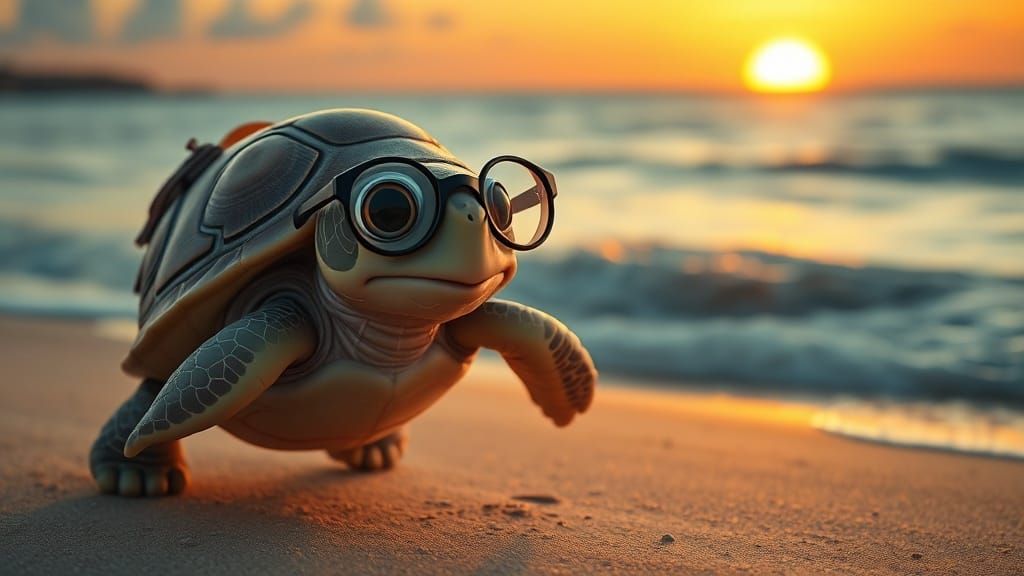 Whimsical Baby Turtle Runs to School at Sunset