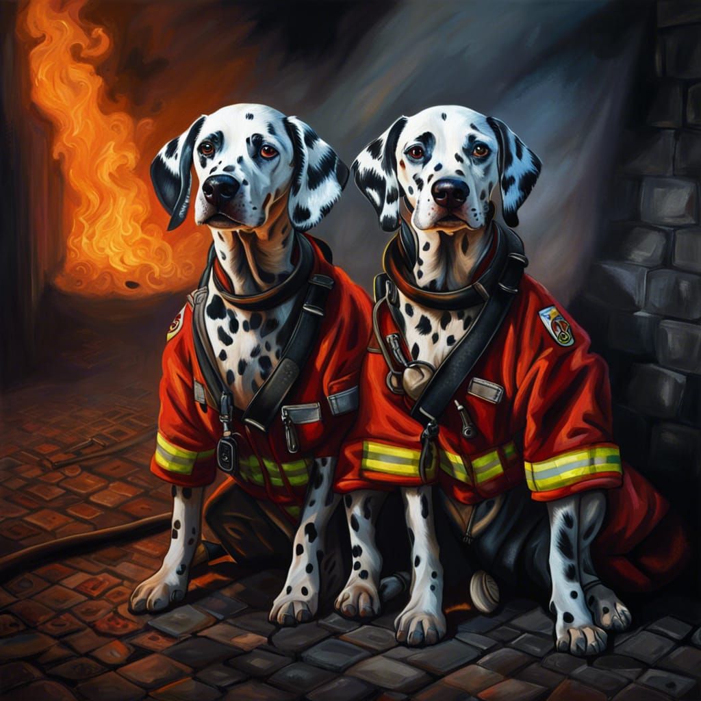 Dalmatian Firefighter Pups in Realistic Oil Painting