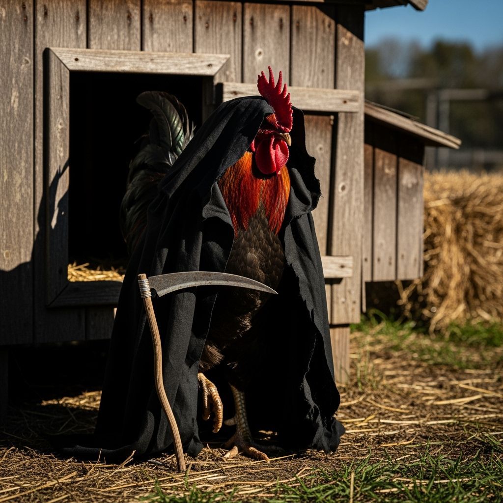 Rooster Grim Reaper Sulking in Chicken Coop